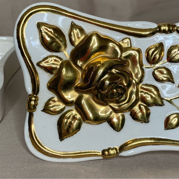 Vintage Jamar Mallory Ceramic Trinket Jewelry Box Gold Trim Roses - Picture 7 of 15